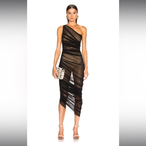 Norma Kamali Dresses & Skirts - Norma Kamali Diana Ruched One Shoulder Gown in Sheer Black Mesh XS